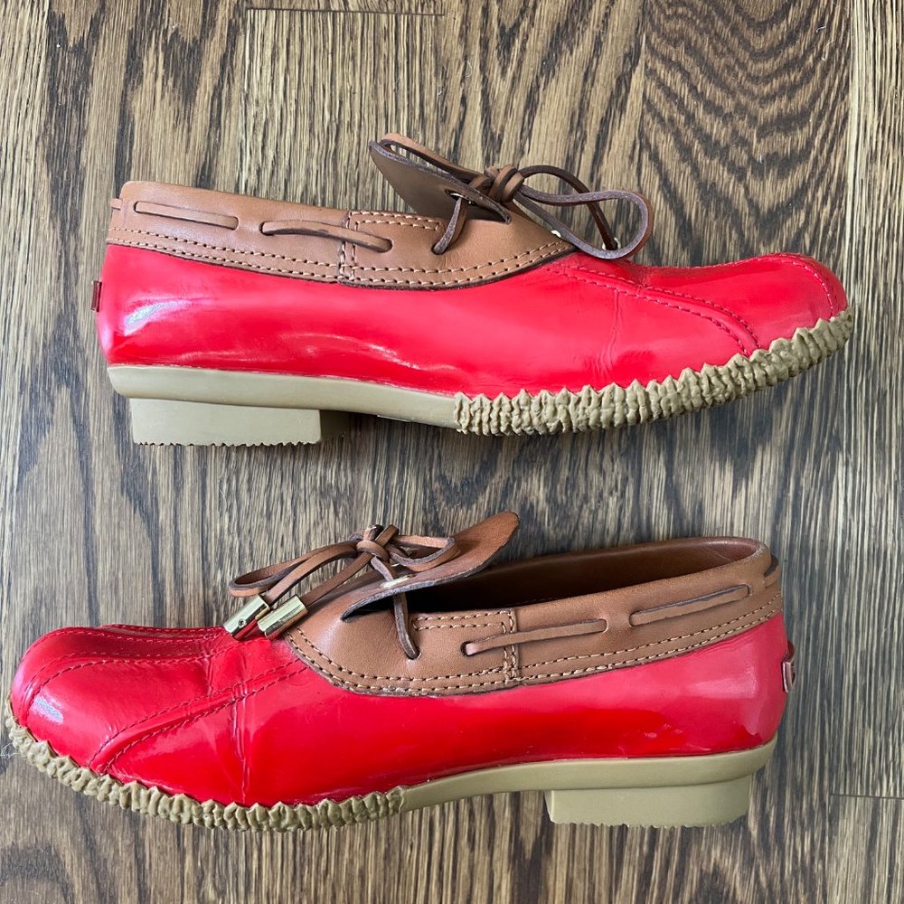Tory Burch Ankle Rain Boots Red & Tan Patent Leather Size 8.5  - EUC